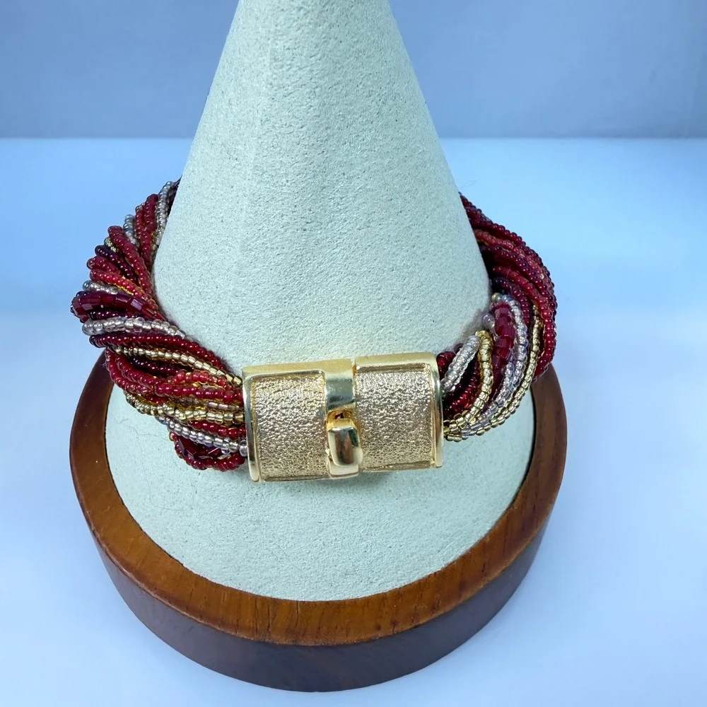 Murano Glass Bracelet Multi Strand Micro Seed Beads Torsade Red Silver Gold 7.25